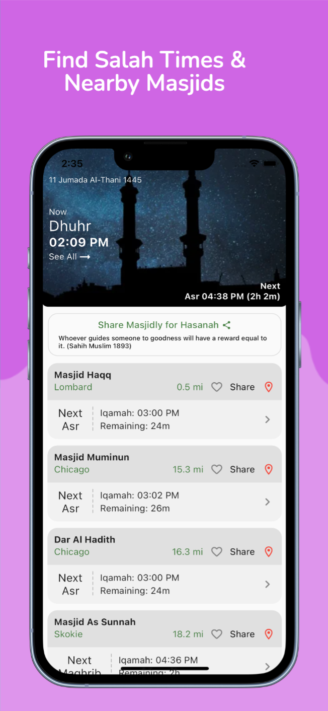Nearby masjids list screen.