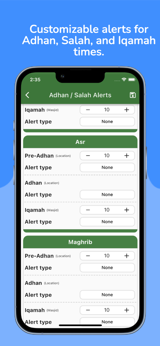 Alerts screen with custom alert settings.